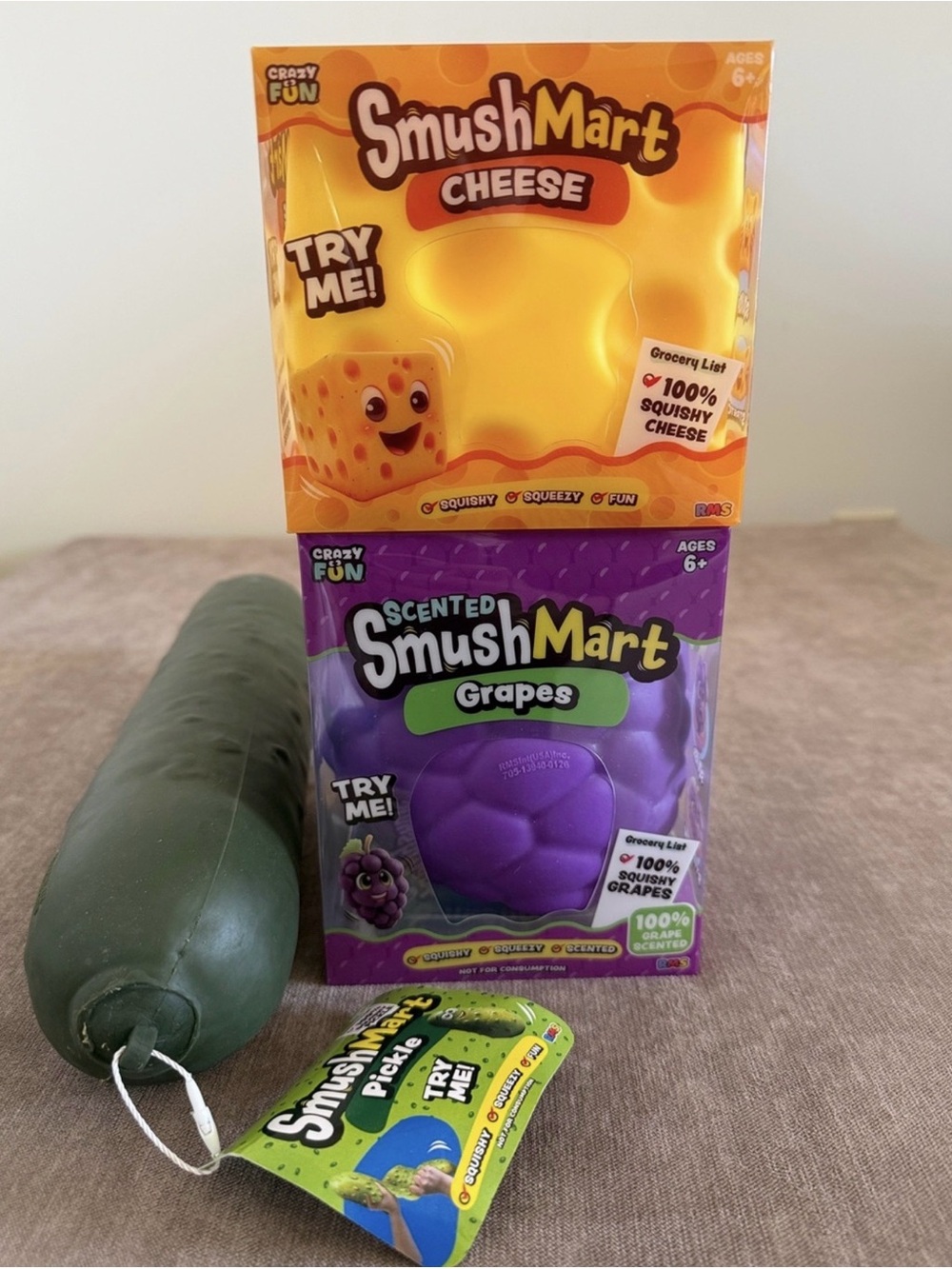 Smushmart bundle squishy grape, cheese, pickle lot of 3 squeezy viral toy
